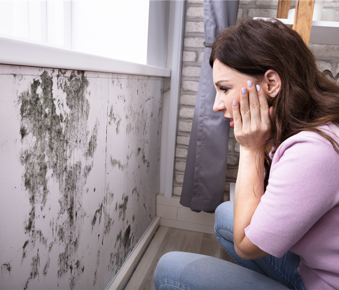 Woman looking at mold growth on her wall.